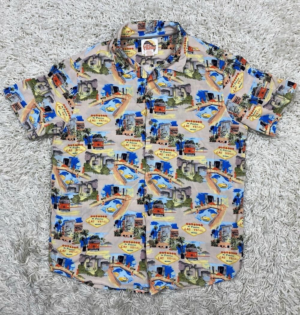 C&C California Mens Size M Las Vegas AOP Print Button Up Shirt Rayon Vegas Sign